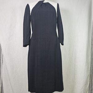Rena Lange Black/ Ivory Midi Dress Sz 6 Longsleeve Crepe Classic
